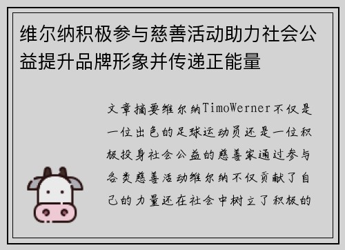 维尔纳积极参与慈善活动助力社会公益提升品牌形象并传递正能量