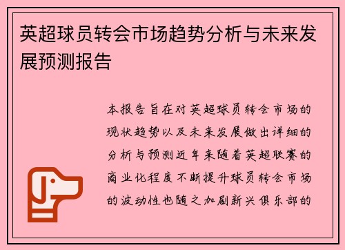 英超球员转会市场趋势分析与未来发展预测报告 英超球员转会市场趋势分析与未来发展预测报告
