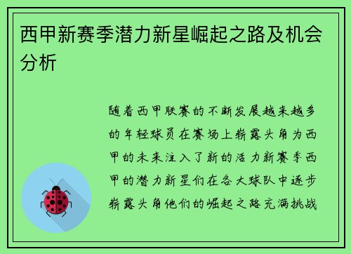 西甲新赛季潜力新星崛起之路及机会分析 西甲新赛季潜力新星崛起之路及机会分析